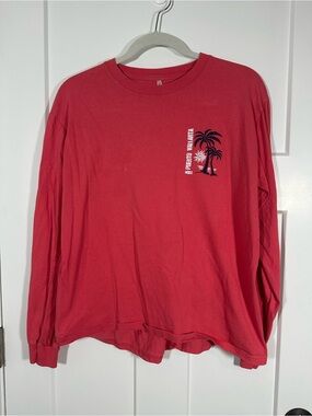 Red-Pink Long Sleeve Graphic Tee with Palm Tree Print 019